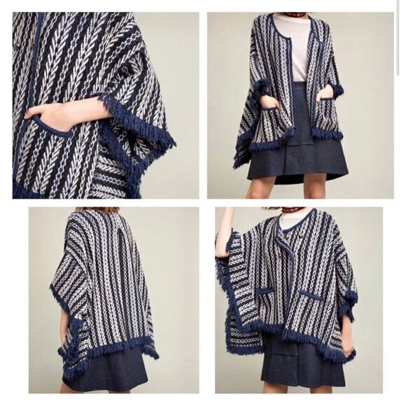 Anthropologie Sleeping On‎ Snow Poncho Sweater With Pockets Fringe Hem - Picture 4 of 10